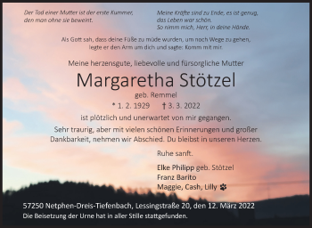 Traueranzeige von Margaretha Stötzel von Siegener Zeitung