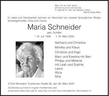 Traueranzeige von Maria Schneider von Siegener Zeitung