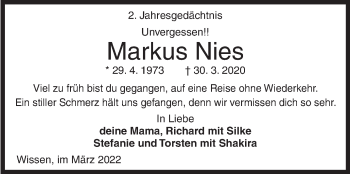 Traueranzeige von Markus Nies von Siegener Zeitung