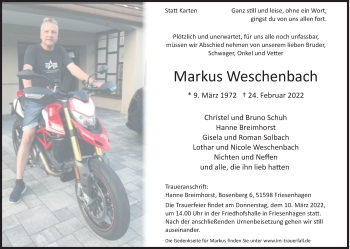 Traueranzeige von Markus Weschenbach von Siegener Zeitung