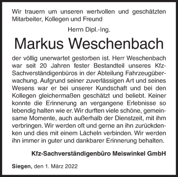 Traueranzeige von Markus Weschenbach von Siegener Zeitung