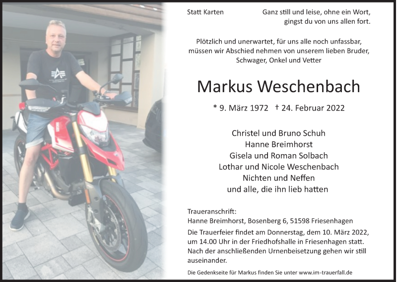  Traueranzeige für Markus Weschenbach vom 01.03.2022 aus Siegener Zeitung