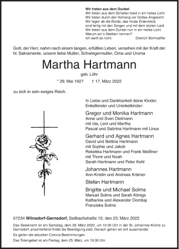 Traueranzeige von Martha Hartmann von Siegener Zeitung