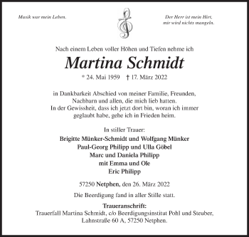 Traueranzeige von Martina Schmidt von Siegener Zeitung