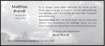 Traueranzeige von Matthias Brandt von Siegener Zeitung