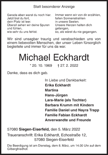 Traueranzeige von Michael Eckhardt von Siegener Zeitung