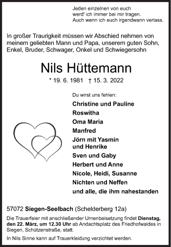 Traueranzeige von Nils Hüttemann von Siegener Zeitung