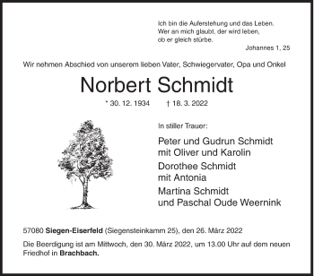 Traueranzeige von Norbert Schmidt von Siegener Zeitung