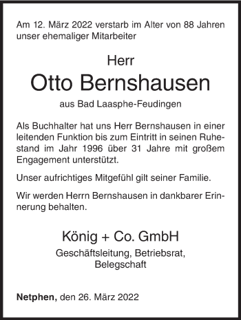 Traueranzeige von Otto Bernshausen von Siegener Zeitung