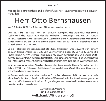 Traueranzeige von Otto Bernshausen von Siegener Zeitung