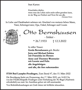 Traueranzeige von Otto Bernshausen von Siegener Zeitung
