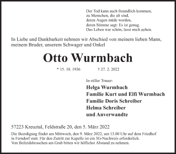 Traueranzeige von Otto Wurmbach von Siegener Zeitung