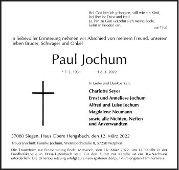 Traueranzeige von Paul Jochum von Siegener Zeitung