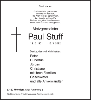 Traueranzeige von Paul Stuff von Siegener Zeitung