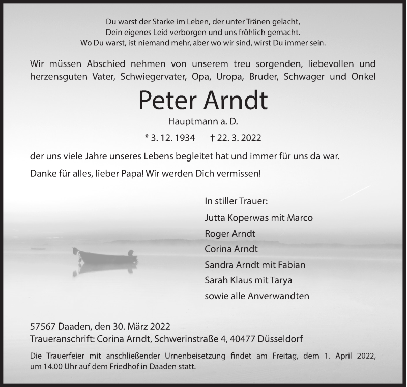  Traueranzeige für Peter Arndt vom 30.03.2022 aus Siegener Zeitung