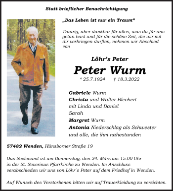 Traueranzeige von Peter Wurm von Siegener Zeitung