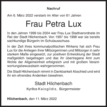 Traueranzeige von Petra Lux von Siegener Zeitung