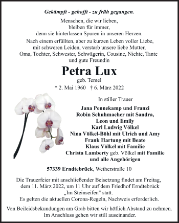 Traueranzeige von Petra Lux von Siegener Zeitung