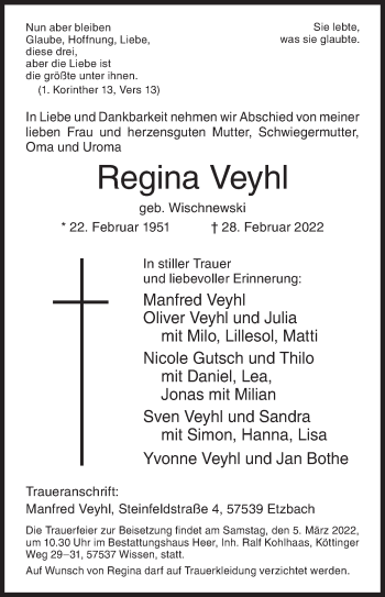 Traueranzeige von Regina Veyhl von Siegener Zeitung