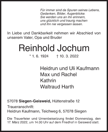 Traueranzeige von Reinhold Jochum von Siegener Zeitung