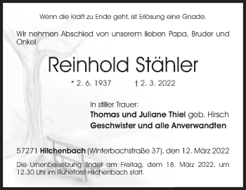 Traueranzeige von Reinhold Stähler von Siegener Zeitung