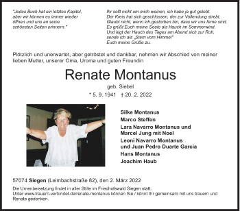 Traueranzeige von Renate Montanus von Siegener Zeitung