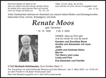 Traueranzeige von Renate Moos von Siegener Zeitung