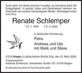 Traueranzeige von Renate Schlemper von Siegener Zeitung