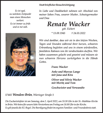 Traueranzeige von Renate Wacker von Siegener Zeitung