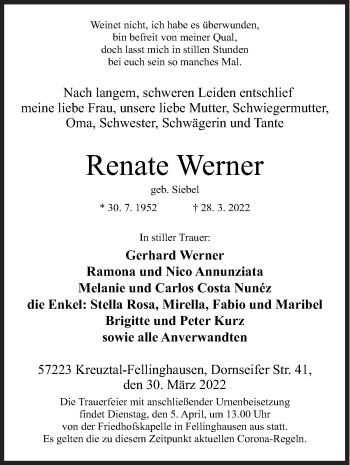 Traueranzeige von Renate Werner von Siegener Zeitung