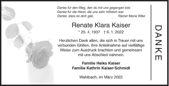 Traueranzeige von Renate Klara Kaiser von Siegener Zeitung