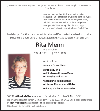 Traueranzeige von Rita Menn von Siegener Zeitung
