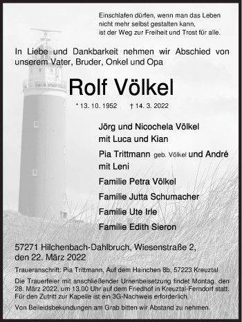 Traueranzeige von Rolf Völkel von Siegener Zeitung