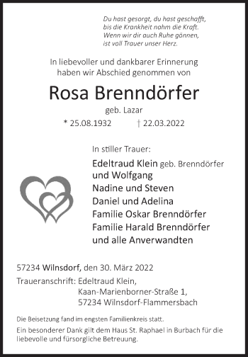 Traueranzeige von Rosa Brenndörfer von Siegener Zeitung