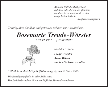 Traueranzeige von Rosemarie Treude-Wörster von Siegener Zeitung