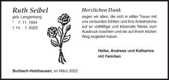 Traueranzeige von Ruth Seibel von Siegener Zeitung