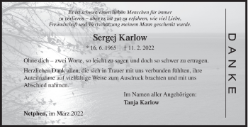 Traueranzeige von Sergej Karlow von Siegener Zeitung