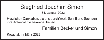Traueranzeige von Siegfried Joachim Simon von Siegener Zeitung