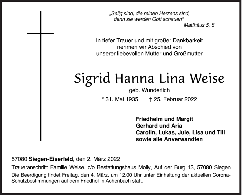  Traueranzeige für Sigrid Hanna Lina Weise vom 02.03.2022 aus Siegener Zeitung