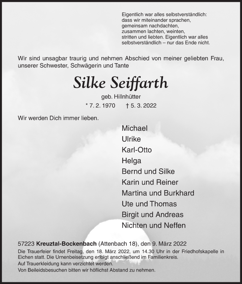  Traueranzeige für Silke Seiffarth vom 09.03.2022 aus Siegener Zeitung