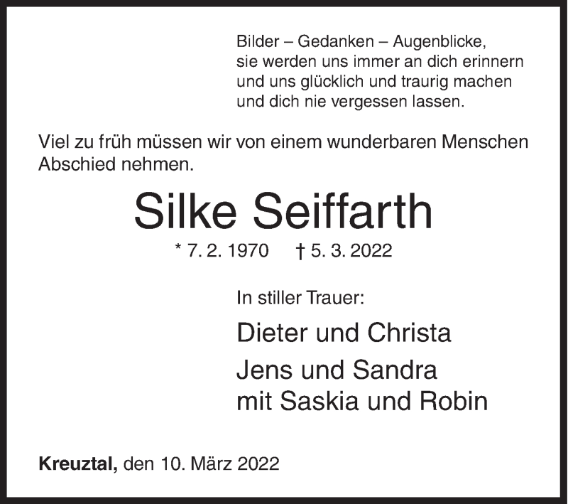  Traueranzeige für Silke Seiffarth vom 10.03.2022 aus Siegener Zeitung