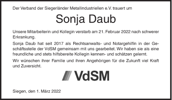 Traueranzeige von Sonja Daub von Siegener Zeitung