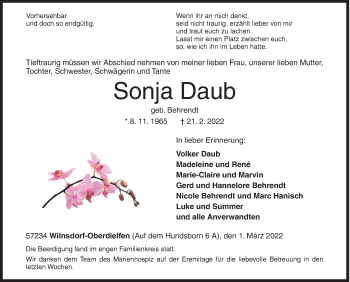 Traueranzeige von Sonja Daub von Siegener Zeitung