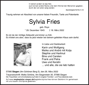 Traueranzeige von Sylvia Fries von Siegener Zeitung