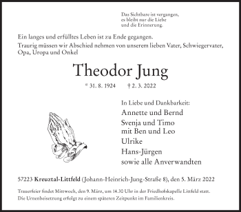 Traueranzeige von Theodor Jung von Siegener Zeitung
