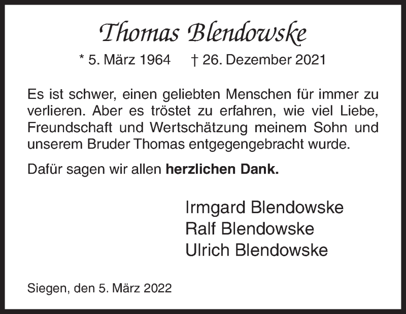  Traueranzeige für Thomas Blendowske vom 05.03.2022 aus Siegener Zeitung