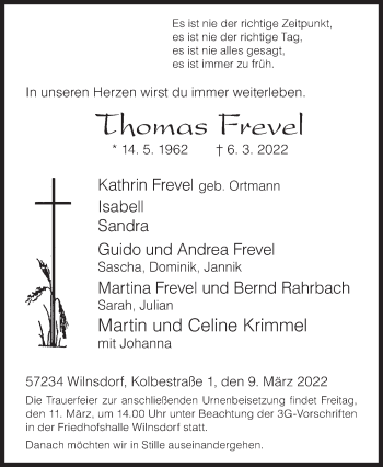 Traueranzeige von Thomas Frevel von Siegener Zeitung