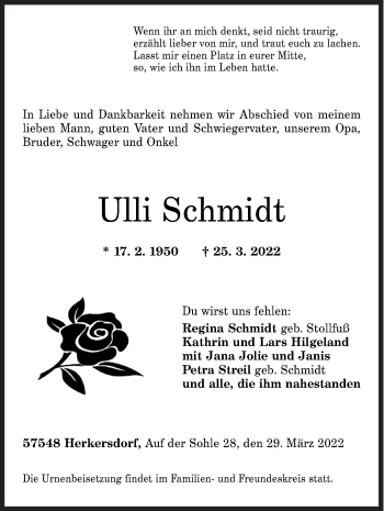 Traueranzeige von Ulli Schmidt von Siegener Zeitung