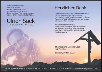 Traueranzeige von Ulrich Sack von Siegener Zeitung