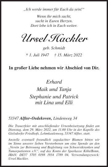 Traueranzeige von Ursel Hackler von Siegener Zeitung